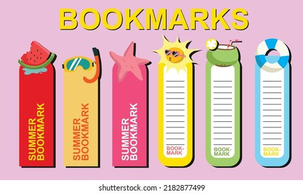 Vector set of bookmarks for children with summer theme. Cute watermelon, scuba, starfish, sun, coconut and float. Vertical layout card templates. Stationery for kids