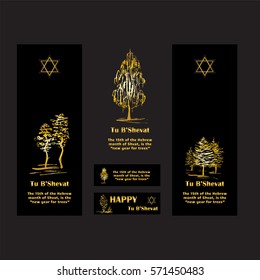 Vector set of bookmarks or little rectangle labels, cards with information about holiday. Hand drawn sketch trees, David star. Simple vintage style, premium gold color on black background