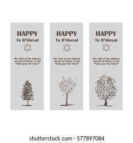 Vector set of bookmarks or little rectangle labels, cards. Hand drawn sketch trees, David star. Simple vintage style