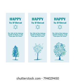 Vector set of bookmarks or little rectangle labels, cards. Hand drawn sketch trees, David star. Simple vintage style, blue and green colors in watercolor style