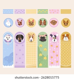 Vector set of bookmarks and stickers with cute dogs. Adorable cartoon-style illustrations, perfect for planners, scrapbooking, stationery, and pet themed designs