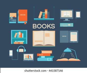 Vector set of books. Collection of vector icons with open book, ebook, bookshelf, audiobook, a stack of books, library and other.  Background for banners, invitation cards, web pages, covers, posters.