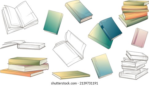 Vector set with books in different positions. Stack of books. Sketch style. Cartoon style. Vector illustration perfect for design of website, decoration of bookstore, library, bookshop. 