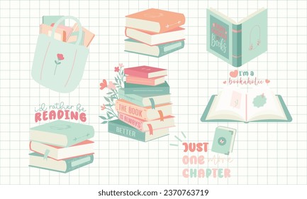 
Vector set of books Elements. Book lover Stickers. Cute Book Lover Planner Stickers