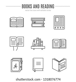 Vector set of books icons in linear style with editable stroke. Great signs for book festival or market. 