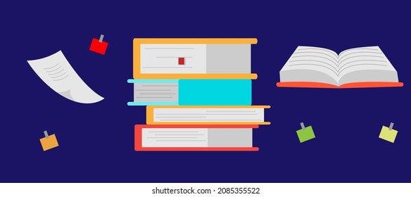 vector set of books, an open book, a stack of books, a leaf and stickers