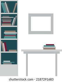 Vector set: bookshelf, table with books or notebooks on it, frameon the wall, Elements for design illustration, card, poster about school, office, home interior