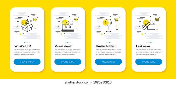 Vector set of Bordeaux glass, Best manager and Creative idea line icons set. UI phone app screens with line icons. Opened gift icon. Wine glass, Best developer, Lightning. Present box. Vector
