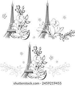 Conjunto de Vector de la Torre Eiffel y la flor. Magnolia primavera romántica en París para tarjeta de felicitación, impresión con dibujado a mano. Símbolo famoso de Francia. Silueta negra para circuito