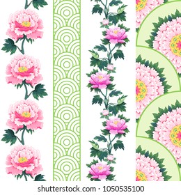 Vector set of borders with floral and sachiko patterns. Peony flowers. 