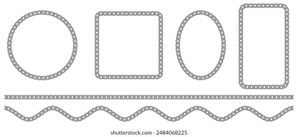 Vector set of borders in the shape of square, circle, oval, wave. Braided chain frames isolated on a white background. Chain brushes for fashion and digital illustration.