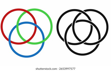 conjunto de vetores ícone de anéis borromeanos em silhueta, estilos pretos, três círculos entrelaçados simbolizando unidade, força, lógica e conexão. Ideal para logotipos, redes, trabalho em equipe e simbolismo.