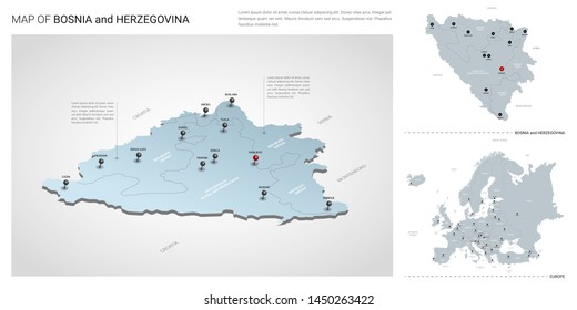 Vector set of  Bosnia and Herzegovina country.  Isometric 3d map,  Bosnia and Herzegovina map, Europe map - with region, state names and city names. 