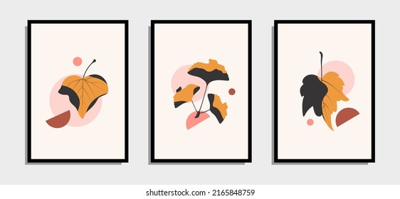 Vector set of botanical art wall decoration. Draw abstract shapes and leaves of plants. Designs for printed art, covers, wallpapers, Minimal and natural wall art. Vector illustration.