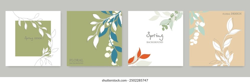 Vector Set of Botanical Design Templates, Posters and Frames with Copy Space for Text for Cosmetics, Prints, Organic and Healthy Food with Leaves. Abstract Modern Posters Set Minimalist Floral Style.