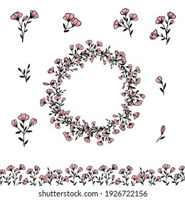 Vector set of botanical elements isolated on white background. Flowers, twigs, leaves are hand-drawn with a black outline. Complete design of single plants, wreath, seamless border.