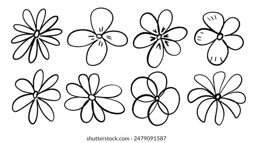 Vector set of botanical flowers in doodle style isolated on white background. Hand drawn flower icons