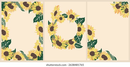 Vector set of botanical frames and corner designs with yellow sunflowers and green leaves on beige background. Perfect for cards, invitations, banners, and wedding templates