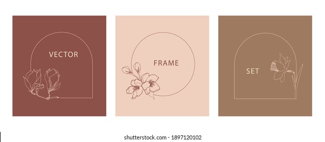 Vector set of botanical frames with magnolia, apple and narcissus flowers. Suitable for wallpapers, posters, cover design templates, wedding and greeting designs, social media stories.
