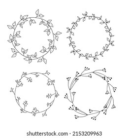Vector set of botanical hand draw round frames. Vintage style floral wreaths