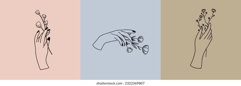 Vector set of botanical illustrations in minimal linear style, minimalistic modern floral logo