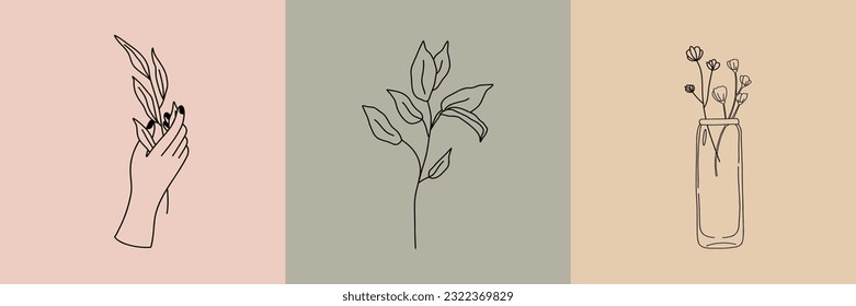 Vector set of botanical illustrations in minimal linear style, minimalistic modern floral logo