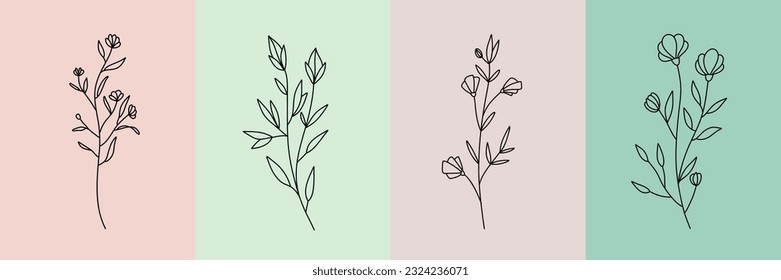 Vector set of botanical illustrations in minimal linear style, hand drawn elegant wildflowers, minimal floral line art drawing