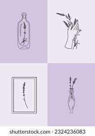 Conjunto vectorial de ilustraciones botánicas de estilo lineal mínimo, conjunto de ilustraciones de flores lavanda, logo floral moderno minimalista, afiche de arte prefabricado