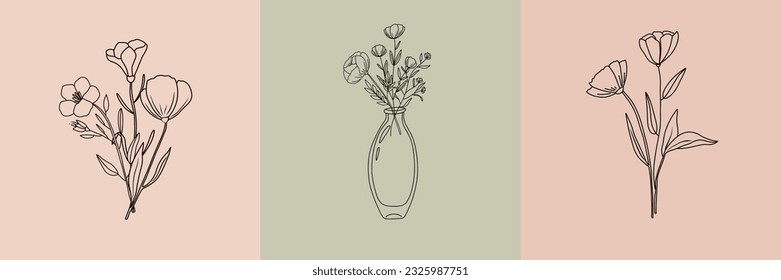 Vector set of botanical illustrations in minimal linear style, minimalistic modern flower logo