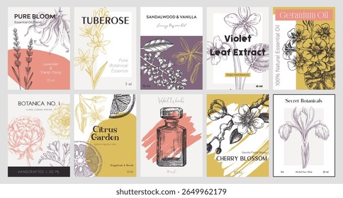 Conjunto vetorial de modelos de etiquetas de produtos cosméticos e de perfumaria botânica. Ilustração à mão do vintage. Desenhos de perfume estilo colagem. NÃO gerado AI 