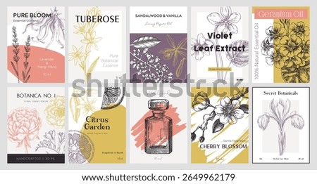 Vector set of botanical perfumery and cosmetic product label templates. Vintage hand-drawn illustration. Collage style perfume designs. NOT AI generated 