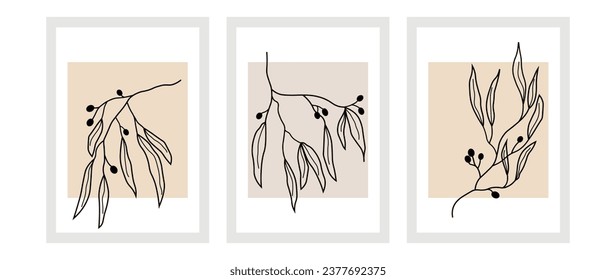 Vector set of botanical walls in boho style. Foliage line drawing with abstract botanical shape. Abstract and artistic design for print, cover, wallpaper, natural wall art.	