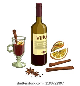Vector set with bottle of wine , glass of mulled wine with orange and stick of cinnamon, cinnamon star formed and two pieces of orange. 
