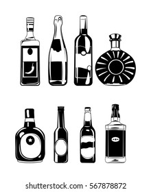 Vector set of bottles for alcohol. Illustration isolated on white background