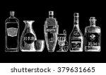 Vector set of bottles of alcohol in ink hand drawn style. isolated on black. Distilled beverage. Gin, sake, absinthe, brandy, rum.