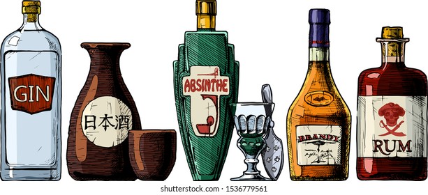 Vector set of bottles of alcohol in ink hand drawn style. Distilled beverage. Gin, sake, absinthe, brandy, rum. inscription on the bottle in Japanese: nihonshu (日本酒, "Japanese liquor")