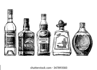 Vector set of bottles of alcohol in ink hand drawn style. isolated on white. Distilled beverage