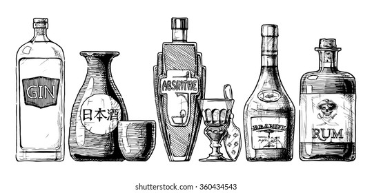 Vector set of bottles of alcohol in ink hand drawn style. isolated on white. Distilled beverage. Gin, sake, absinthe, brandy, rum.
