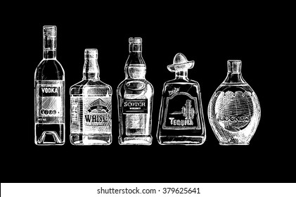 Vector set of bottles of alcohol in ink hand drawn style. isolated on black. Distilled beverage