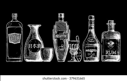 Vector set of bottles of alcohol in ink hand drawn style. isolated on black. Distilled beverage. Gin, sake, absinthe, brandy, rum.