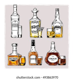 Vector set of bottles with alcohol and stemware