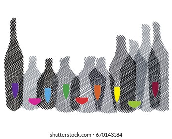 Vector set of bottles for alcohol. Wine list. Bottle background. Glasses for alcoholic drinks. Design for cocktail party.