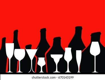 Vector set of bottles for alcohol.Wine list. Bottle background. Glasses for alcoholic drinks. Design for cocktail party.