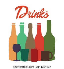 Vector set of bottles for alcohol.Wine list.Bottle background.Glasses for alcoholic drinks.Design for cocktail party.