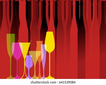 Vector set of bottles for alcohol.Wine list.Bottle background.Glasses for alcoholic drinks.Design for cocktail party.