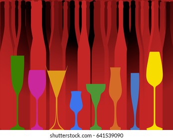 Vector set of bottles for alcohol.Wine list.Bottle background.Glasses for alcoholic drinks.Design for cocktail party.
