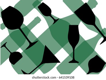 Vector set of bottles for alcohol.Wine list.Bottle background.Glasses for alcoholic drinks.Design for cocktail party.