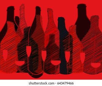 Vector set of bottles for alcohol.Wine list.Bottle background.Glasses for alcoholic drinks.Design for cocktail party.