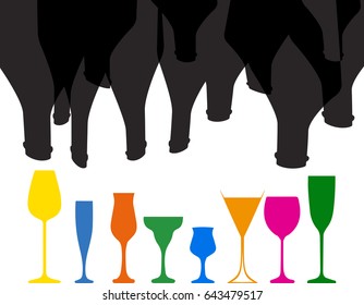 Vector set of bottles for alcohol.Wine list.Bottle background.Glasses for alcoholic drinks.Design for cocktail party.