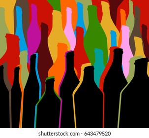 Vector set of bottles for alcohol.Wine list.Bottle background.Glasses for alcoholic drinks.Design for cocktail party.